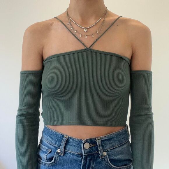 Zara Y2K Olive Off Shoulder Long Sleeve Knit Stretch Bandeau 1 Piece Crop Top XS - Picture 1 of 3